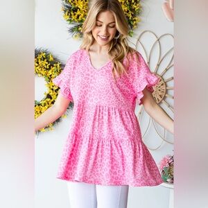 Heimish Full Size Leopard Ruffle Trim Short Sleeve Top